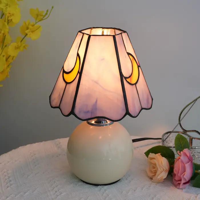 Lampe de table moderne en céramique, motif lune violette, verre teinté, lampe de chevet simple en forme de champignon pour chambre à coucher, lampe décorative pour salon et bureau