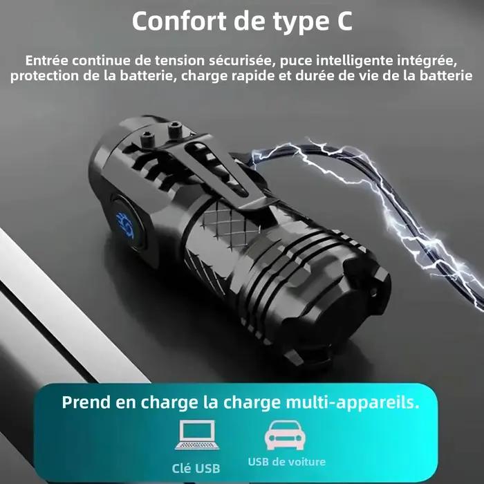 Lampe de poche puissante et super lumineuse, chargeur USB C, torche étanche à luminosité réglable pour le camping, la randonnée et les situations d'urgence