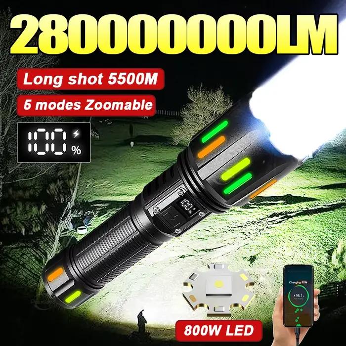 Lampe torche LED la plus puissante 2026, 280000000LM, super lumineuse, portée longue de 5500m, rechargeable par USB, lampe torche puissante pour le camping