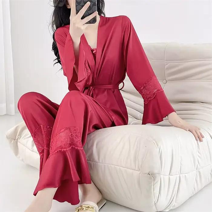Ensemble de pyjama trois pièces pour femme, kimono en dentelle imprimée sexy, peignoir imbibé, vêtements de maison en satin, vêtements de nuit, printemps, automne
