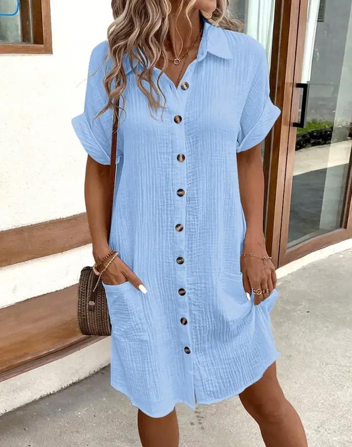 Mini robe Vintage en coton et lin pour femmes, couleur unie, mode d'été, col en v, manches trois quarts, décontractée, vacances