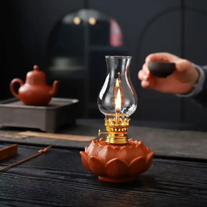 Lampe à huile en céramique vintage avec couvercle en verre - Éclairage d'ambiance pour salon de thé