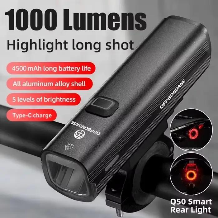 Lampe de vélo OFFBONDAGE 1000 lumens, phare avant de cyclisme, lampe torche pour guidon, recharge USB, éclairage VTT et route, haute luminosité