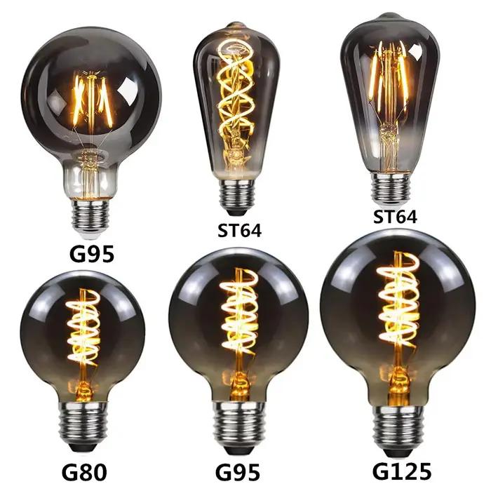 LED E27 ST64 G80 G95 G125 4W Dimmable220V gris fumé chaud GSpiral Filament ampoule rétro Vintage éclairage décoratif lampe Edison
