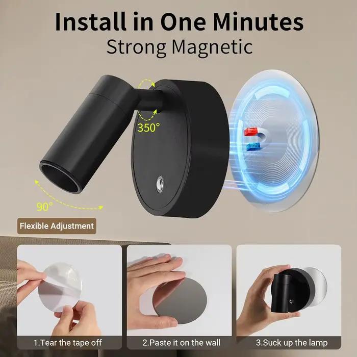 Rechargeable et alimenté par batterie 350 ° Spot mural orientable à trois couleurs avec interrupteur tactile pour intérieur