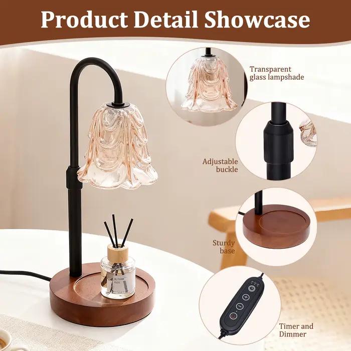Lampe chauffe-bougie à fleurs avec minuterie réglable, 4 vitesses de luminosité, base réglable en hauteur pour ambiance chaleureuse et sans fumée, idéale pour chambre, espace de yoga, lecture ou détente