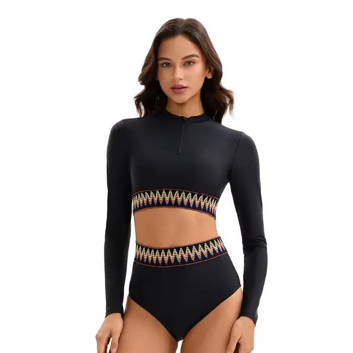 Femmes deux pièces à manches longues maillots de bain taille haute modeste maillot de bain protection solaire Surf costume porter noir maillot de bain