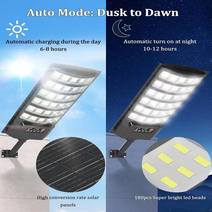 Réverbères solaires extérieurs étanches puissants avec capteur de mouvement lumière de stationnement pour sécurité et confort美好生活，从这些功能强大的带运动传感器的太阳能路灯开始，为您的安全和舒适增添一份保障。