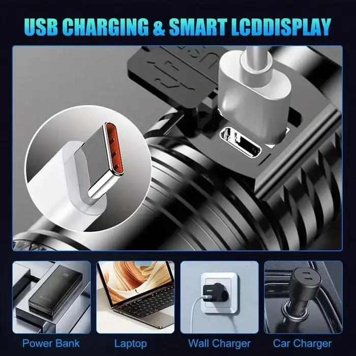 Lampe de poche Super lumineuse LED Rechargeable par USB, torche tactique longue portée, étanche, lanterne d'urgence pour Camping et pêche
