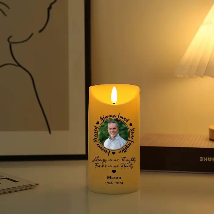 Bougie LED avec photo personnalisée commémorative de 6 pouces, bougie LED avec photo, bougie sans flamme toujours aimée jamais oubliée, cadeau du souvenir