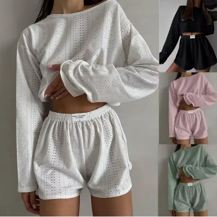 Ensemble pyjama pour femmes, vêtements de nuit, hauts à manches longues avec short, vêtements de maison, ensemble 2 pièces, vêtements de détente, printemps