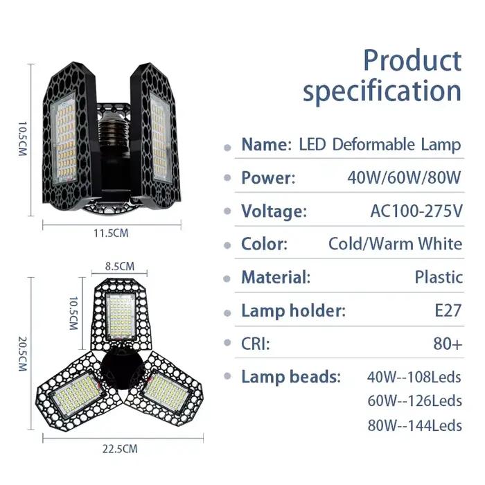Lampe de garage à LED, lumière déformable, blanc froid et chaud, angle réglable, ampoule pour atelier, AC 110V, 220V, 40W, 60W, 80W
