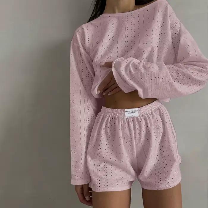 Ensemble pyjama pour femmes, vêtements de nuit, hauts à manches longues avec short, vêtements de maison, ensemble 2 pièces, vêtements de détente, printemps