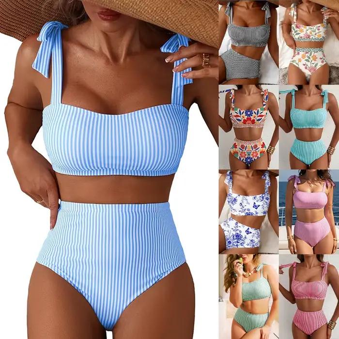 Maillot de bain deux pièces pour femme, style halter, sexy, rayé, à volants, taille haute, ensemble bikini, maillot de bain féminin, bretelles à nouer, tenue de plage