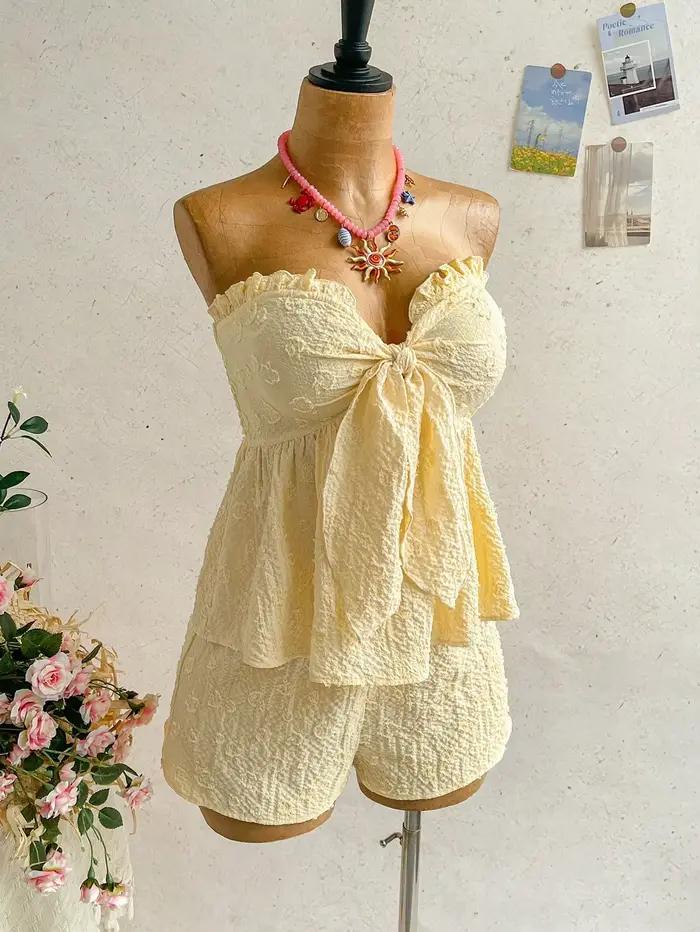 Ensemble 2 pièces pour femmes, haut imprimé jaune et short décontracté, adapté à un usage quotidien, aux vacances, aux jours fériés et aux rendez-vous