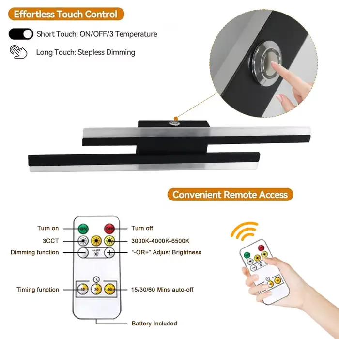 Applique murale rechargeable 5200 mAh avec USB, 3 températures de couleur, éclairage sans fil pour tableaux, télécommande et variateur tactile