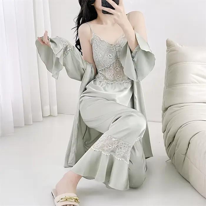Ensemble de pyjama trois pièces pour femme, kimono en dentelle imprimée sexy, peignoir imbibé, vêtements de maison en satin, vêtements de nuit, printemps, automne