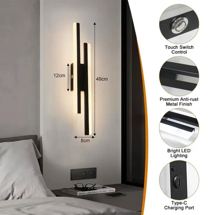 Applique murale rechargeable 5200 mAh avec USB, 3 températures de couleur, éclairage sans fil pour tableaux, télécommande et variateur tactile