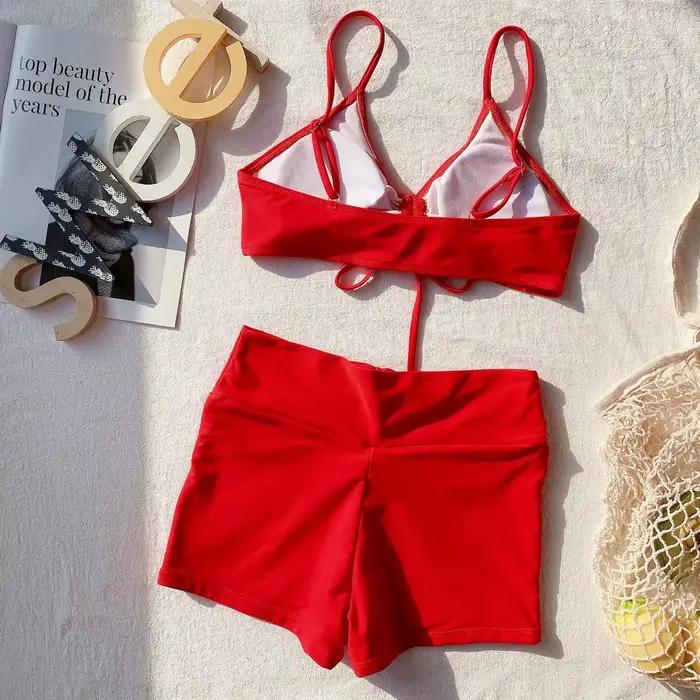 Maillot de bain deux pièces 2026 pour femme, rouge, taille haute, avec cordon de serrage, tenue de plage, maillot de bain, Stroje Kapielowe Damskie, Banadores Mujer