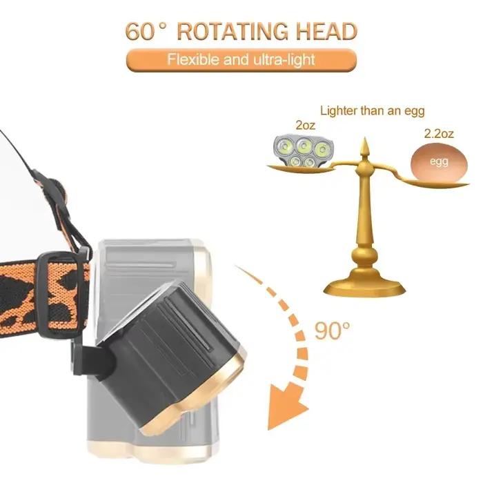 Lampe frontale puissante à 5 LED, rechargeable par USB, lampe frontale de pêche, lampe torche étanche, lampe de chasse, de camping, de course à pied, de randonnée