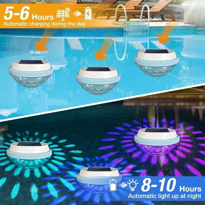 Lampe solaire flottante pour piscine, éclairage LED automatique la nuit, recharge automatique et arrêt des lumières de jour, couleurs variées.
