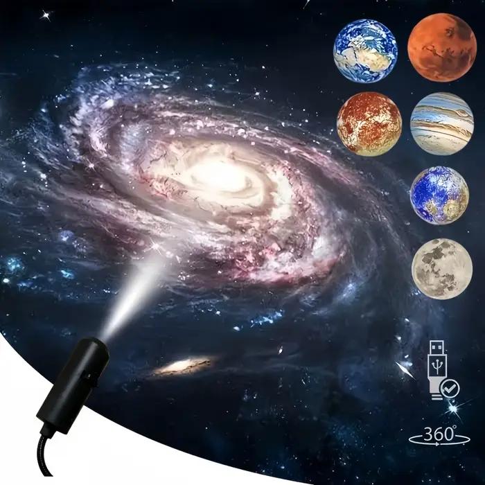 Projecteur LED planétaire, 6 images projetées, lumière rotative à 360 degrés, cadeau, décoration de chambre, support photo, photographie.