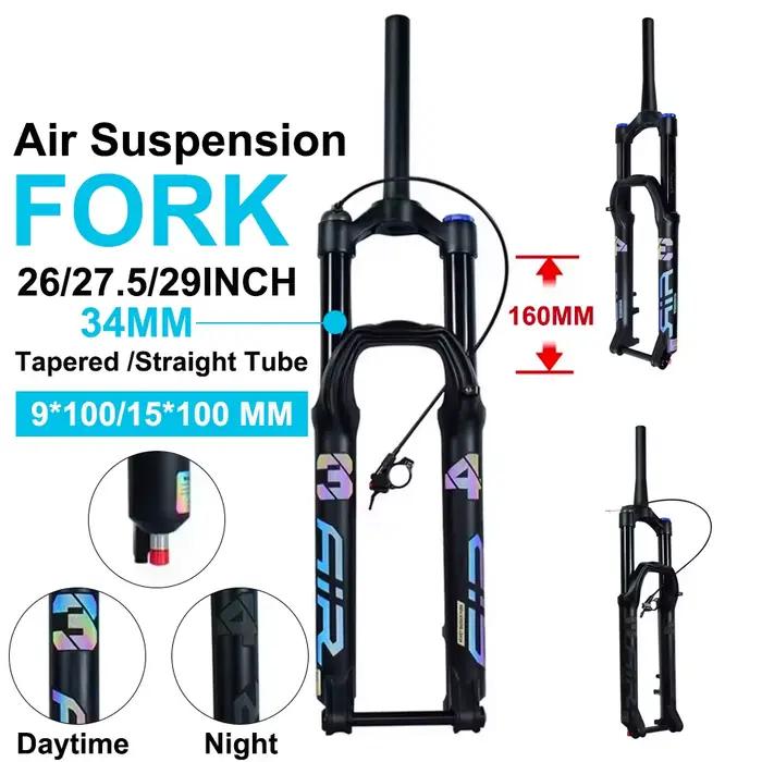 Fourche à suspension pneumatique VTT 26'' 27,5'' 29'' Diamètre 34 mm Course 160 mm Jambes en alliage de magnésium Fixation rapide/axe traversant Fourches amortissantes