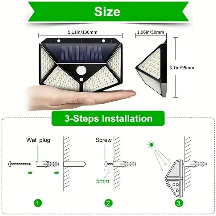 Lampe solaire extérieure à 100 LED, décoration de jardin, lumière LED solaire étanche, projecteur alimenté par l'énergie solaire avec capteur de mouvement