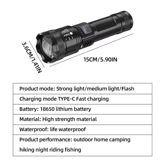 Lampe de poche Super lumineuse LED Rechargeable par USB, torche tactique longue portée, étanche, lanterne d'urgence pour Camping et pêche