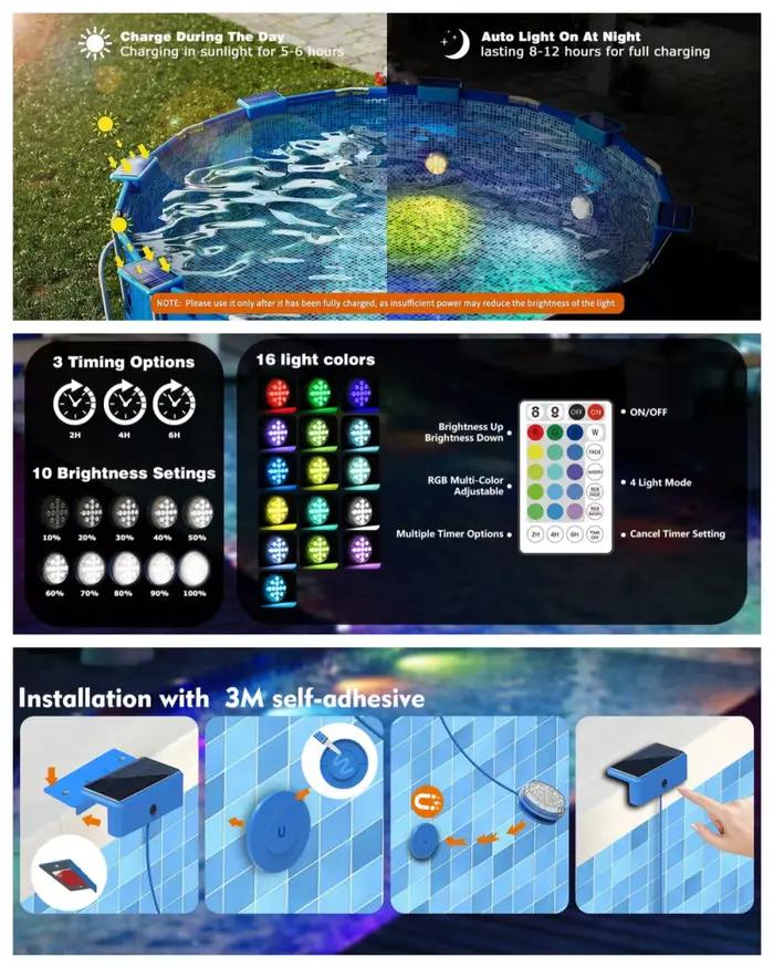 Lumières sous-marines solaires de piscine avec télécommande IP68 lumière de piscine Submersible étanche pour étang, au-dessus de la piscine, piscine creusée