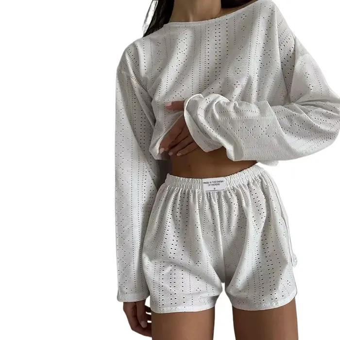 Ensemble pyjama pour femmes, vêtements de nuit, hauts à manches longues avec short, vêtements de maison, ensemble 2 pièces, vêtements de détente, printemps