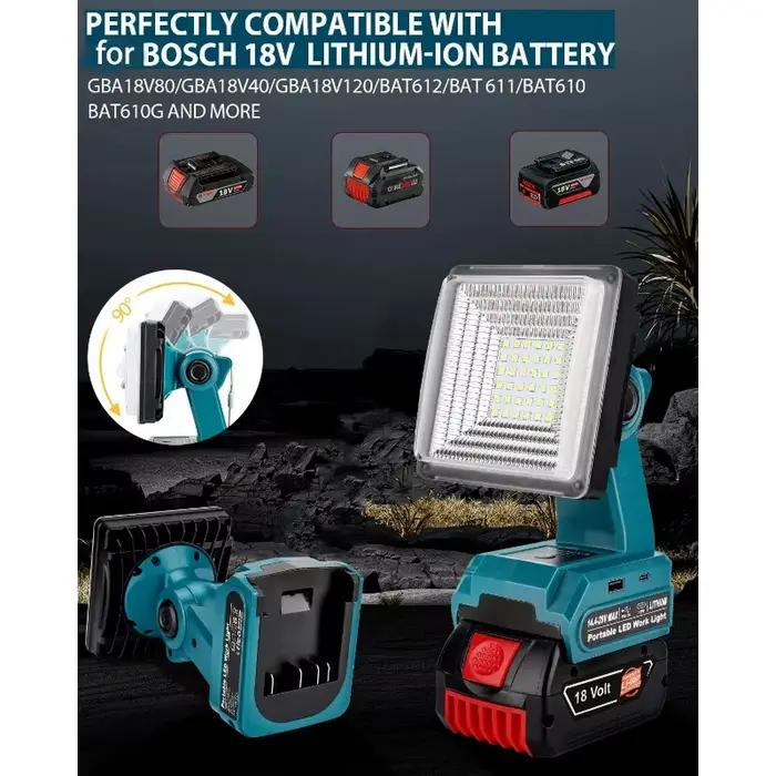 Lampe de travail portable d'extérieur à LED sans fil pour batterie Bosch 18V Li-ion, pour chantier et utilisation d'urgence avec interface USB