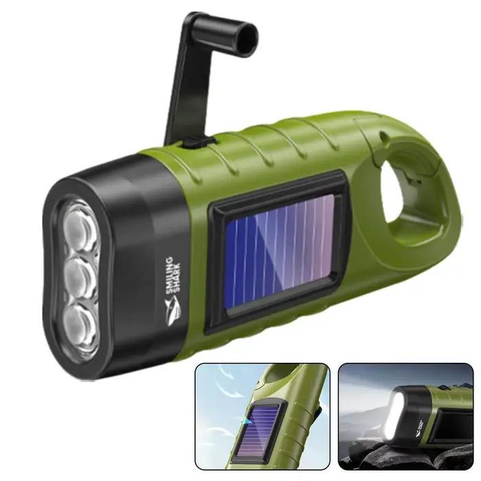 Lampe de poche LED énergie solaire pour camping alpinisme et situations d'urgence trois couleurs émission ABS robuste recharge manivelle ou énergie solaire distance d'éclairage 100-200 mètres