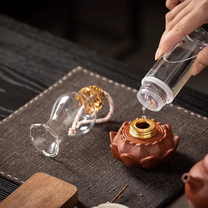 Lampe à huile en céramique vintage avec couvercle en verre - Éclairage d'ambiance pour salon de thé