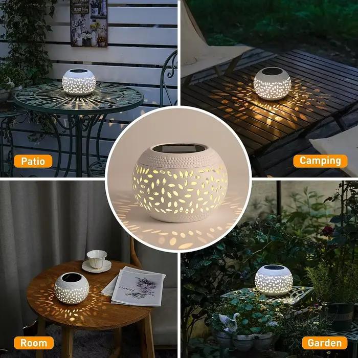 Lampe de table solaire extérieure lampe à LED à énergie solaire évidée en métal pour bureau lanterne décorative patio jardin lumière chaude ambiance chaleureuse occassions spéciales