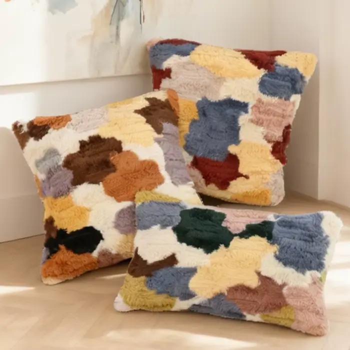 Housse de coussin imprimée bloc de couleur en peluche, taie d'oreiller douce pour canapé de maison, 2 pièces