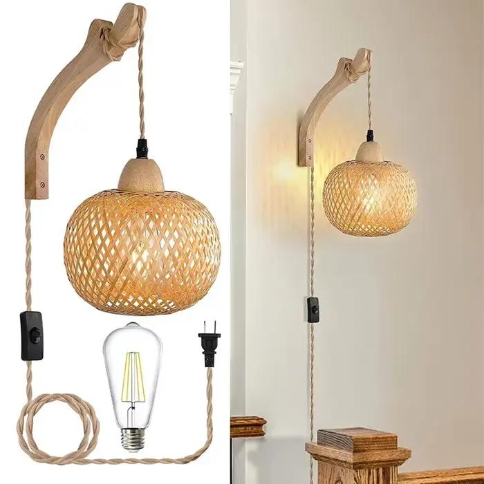 Lanterne en bambou applique en rotin naturel osier E27 lustres tissé à la main