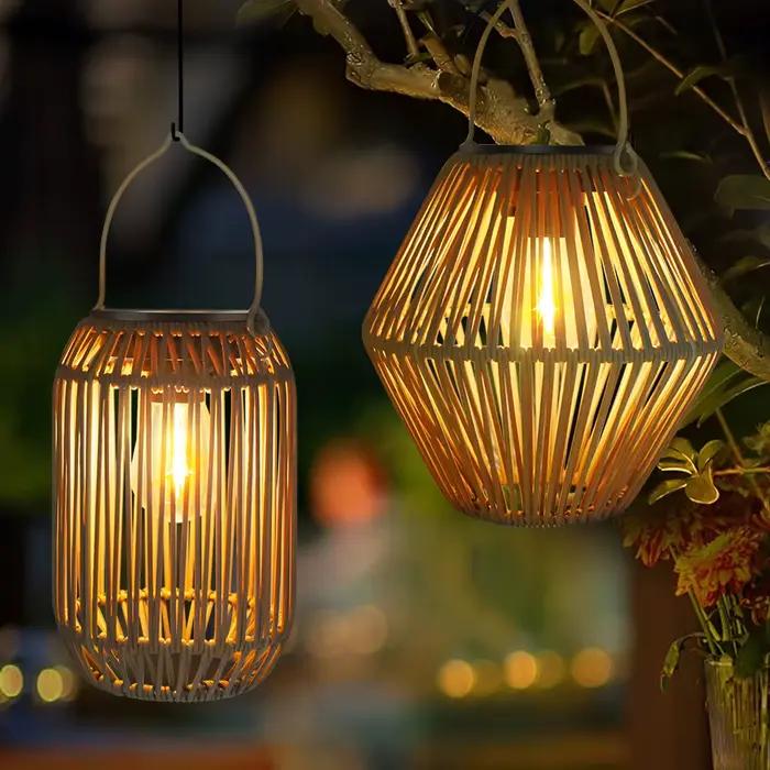 Lanterne Solaire Boho Étanche en Bambou avec Lumière Douce Rose et Orangée pour Décoration Extérieure et Occasions Spéciales