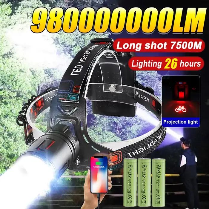 Lampe frontale LED Ultra puissante 980000000LM phare Super lumineux longue portée 7500m lampe frontale Rechargeable lanterne de tête de pêche