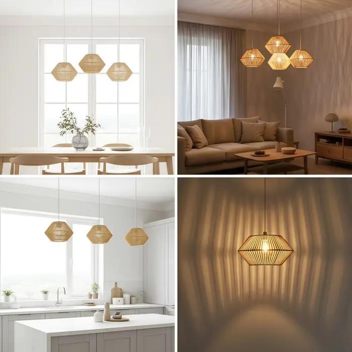Abat-jour en rotin tressé à la main effet diamant style bohème pour lampe suspendue décoration de salle à manger et cuisine style ferme abat-jour sans ampoule ni cordon