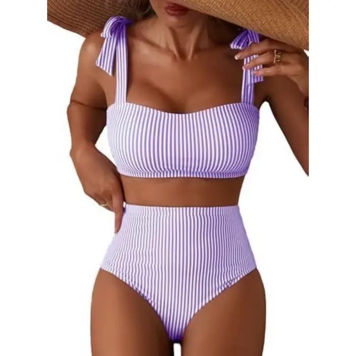 Maillot de bain deux pièces pour femme, style halter, sexy, rayé, à volants, taille haute, ensemble bikini, maillot de bain féminin, bretelles à nouer, tenue de plage