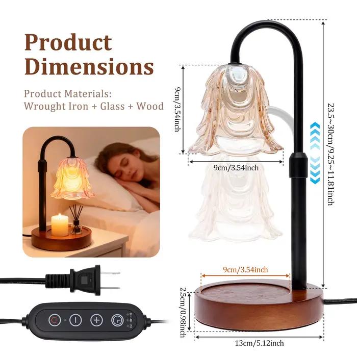 Lampe chauffe-bougie à fleurs avec minuterie réglable, 4 vitesses de luminosité, base réglable en hauteur pour ambiance chaleureuse et sans fumée, idéale pour chambre, espace de yoga, lecture ou détente