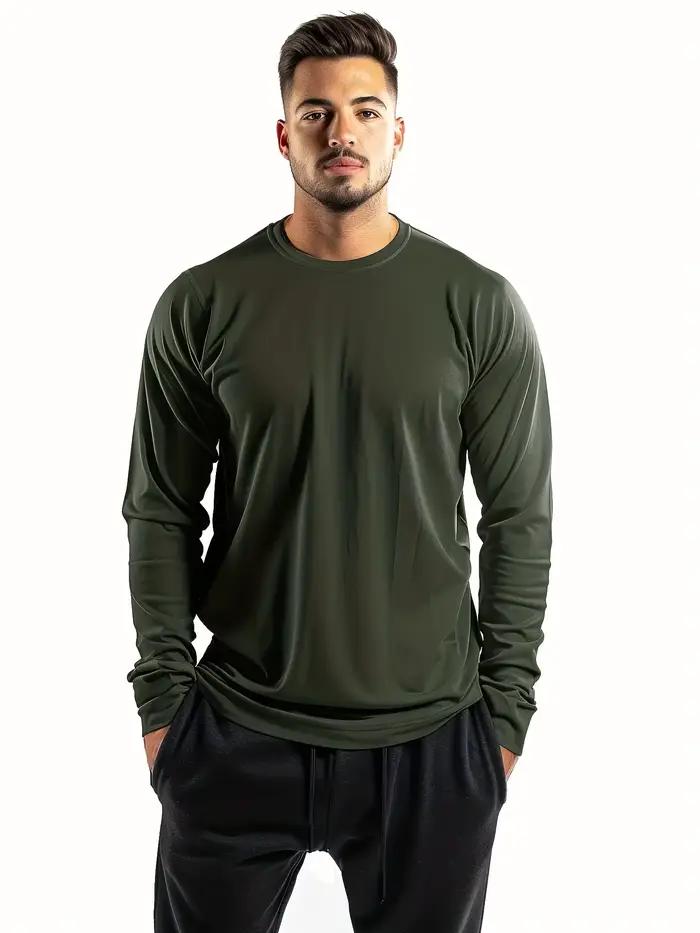 T-shirt 5 pièces à manches longues et col rond pour hommes, couleur unie, design polyvalent, confortable et à la mode