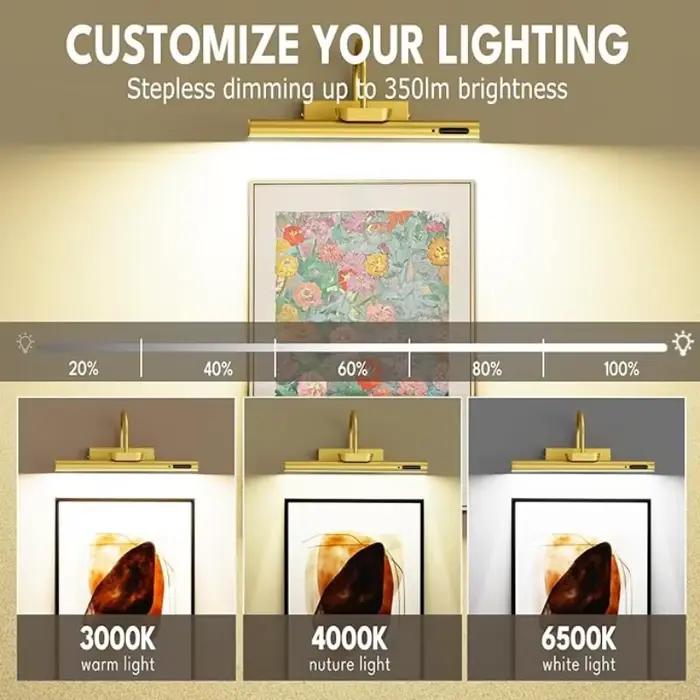 Lampe murale LED rechargeable 4000 mAh, moderne, télécommandée, 3 couleurs réglables, dorée, pour miroir de salle de bain, éclairage d'images en aluminium