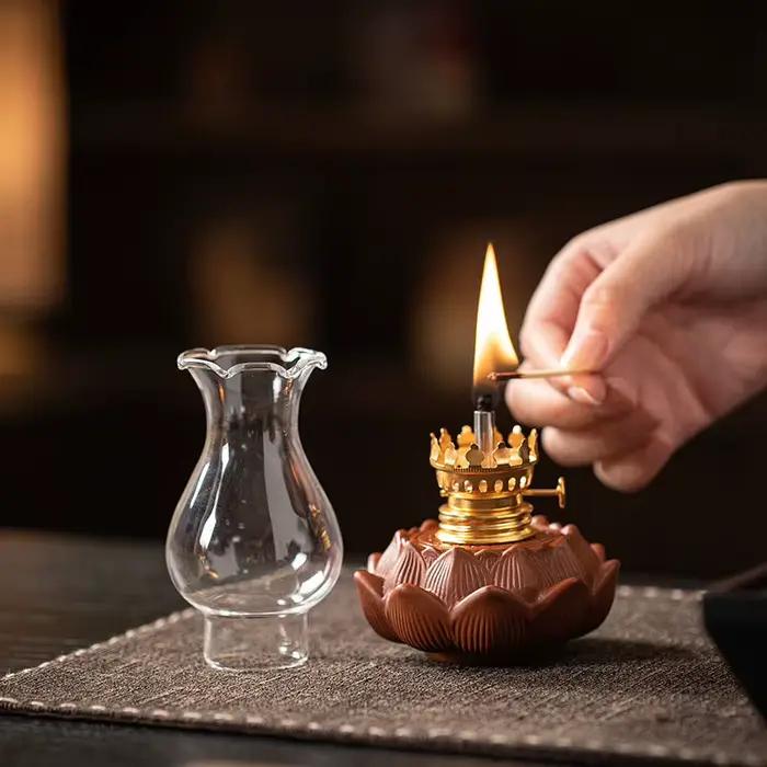 Lampe à huile en céramique vintage avec couvercle en verre - Éclairage d'ambiance pour salon de thé