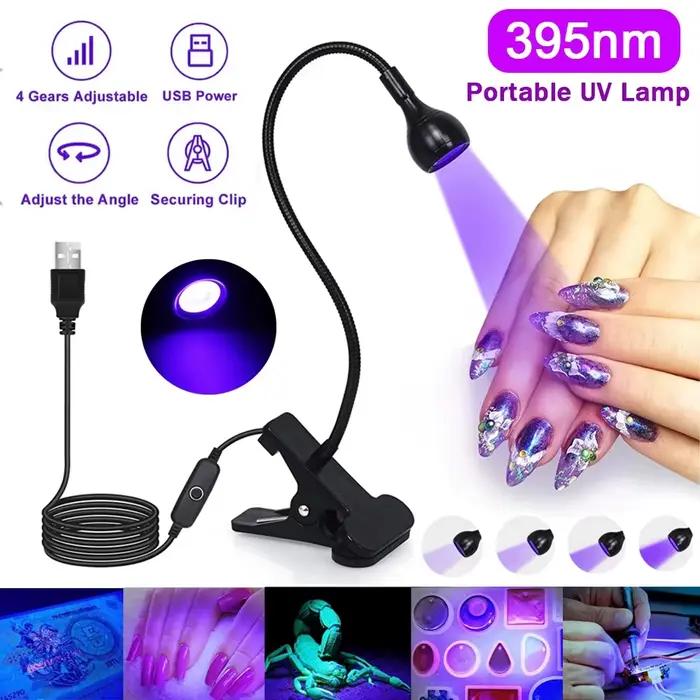 Lampe UV LED 395nm pour ongles, lumière ultraviolette, séchoir à ongles USB à clip, lumière noire, lampe de polymérisation UV pour le durcissement de la résine et le nail art