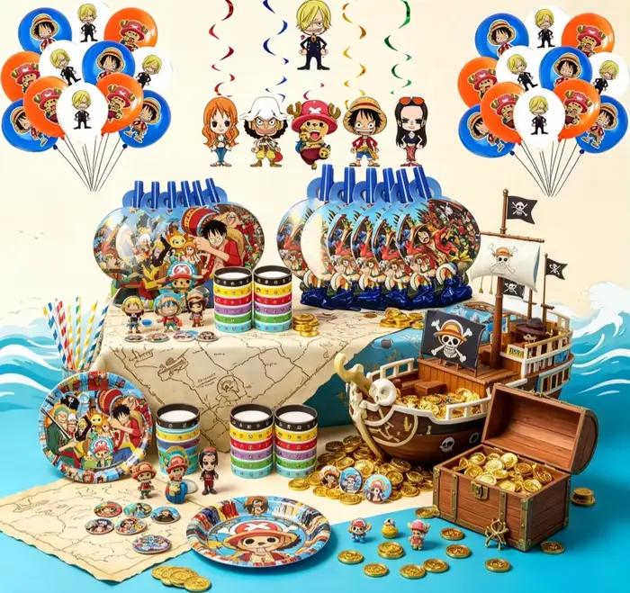 Articles de fête d'anniversaire One Piece : décorations, décorations de gâteau, remplisseurs de sacs cadeaux, bracelets slap, autocollants, récompenses pour la classe, et autres articles promotionnels