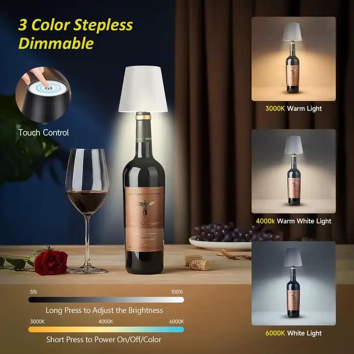 Lampe de table sans fil rechargeable Type-C, lampe de bouteille 3 tons à intensité tactile, veilleuse LED pour bouteille de vin pour bar, café, décoration intérieure