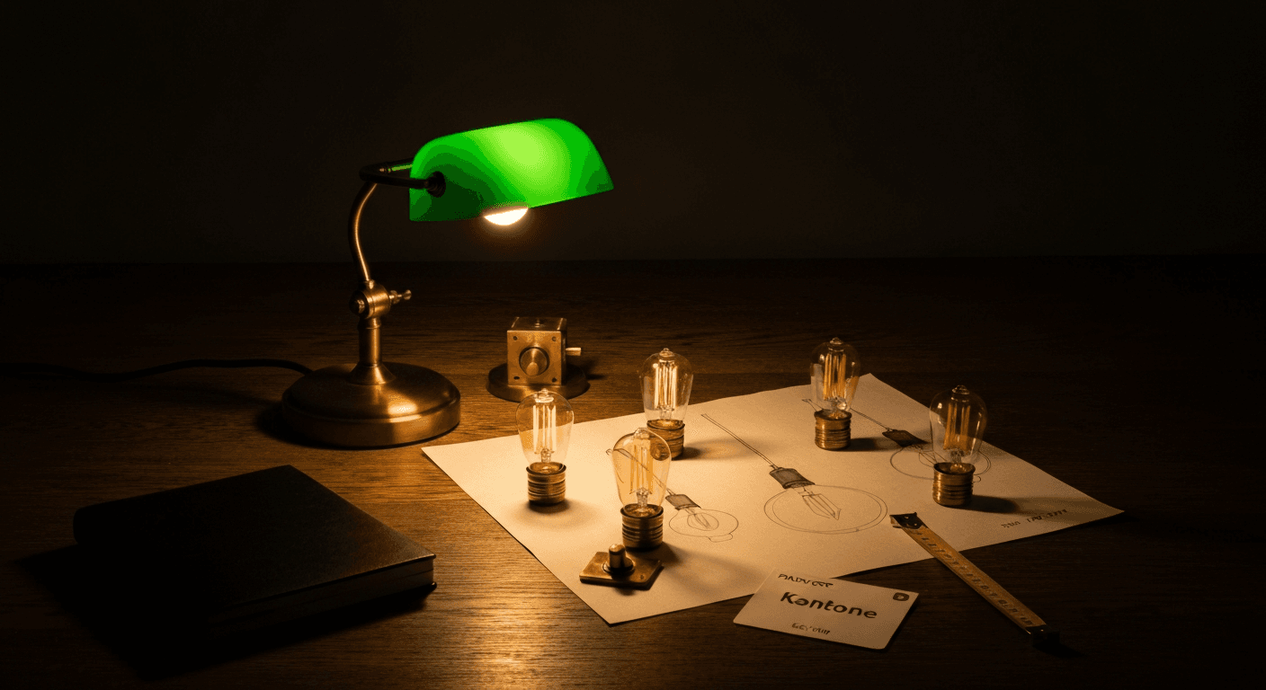 Établi d'atelier de lumière : ampoules filament, croquis, lampe verte
