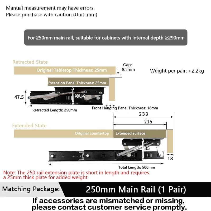 Rail coulissant pour table pliante de baie vitrée, 250 mm, réglable, gain de place, de qualité supér